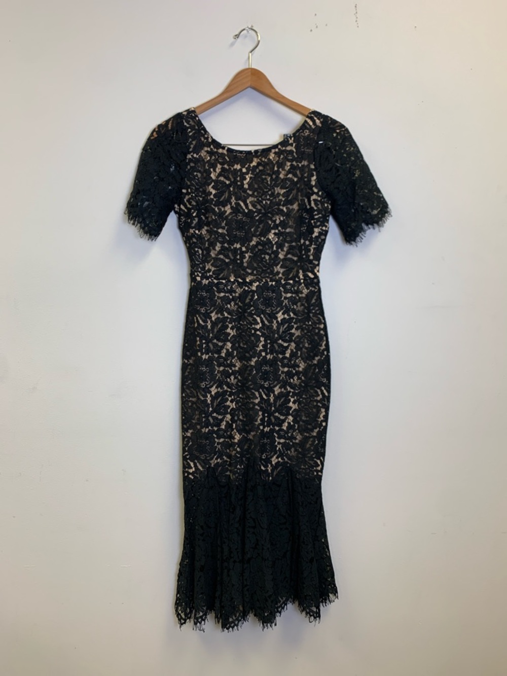 Just Me Black Lace Midi Dress with Nude Underlayer